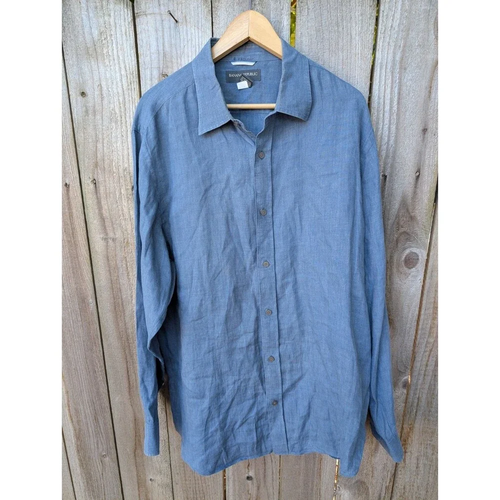 Banana Republic Linen Shirt Long Sleeve Blue Extra Large XL Y2K 2008